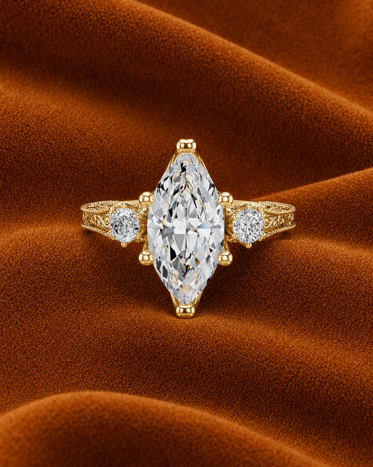 Engraved Marquise Three Stone Ring by MONICONIC