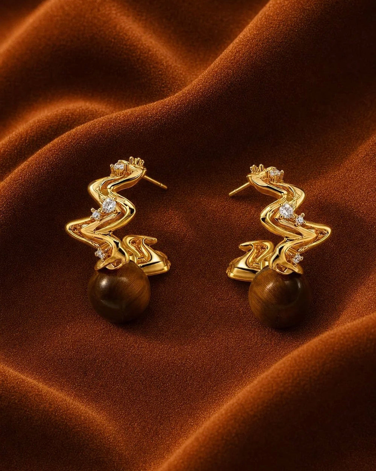 Tiger’s Eye Wave Hoop Earrings