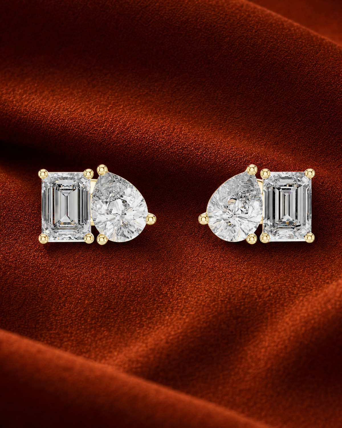 Pear & Emerald-Cut Diamond Stud Earrings by MONICONIC
