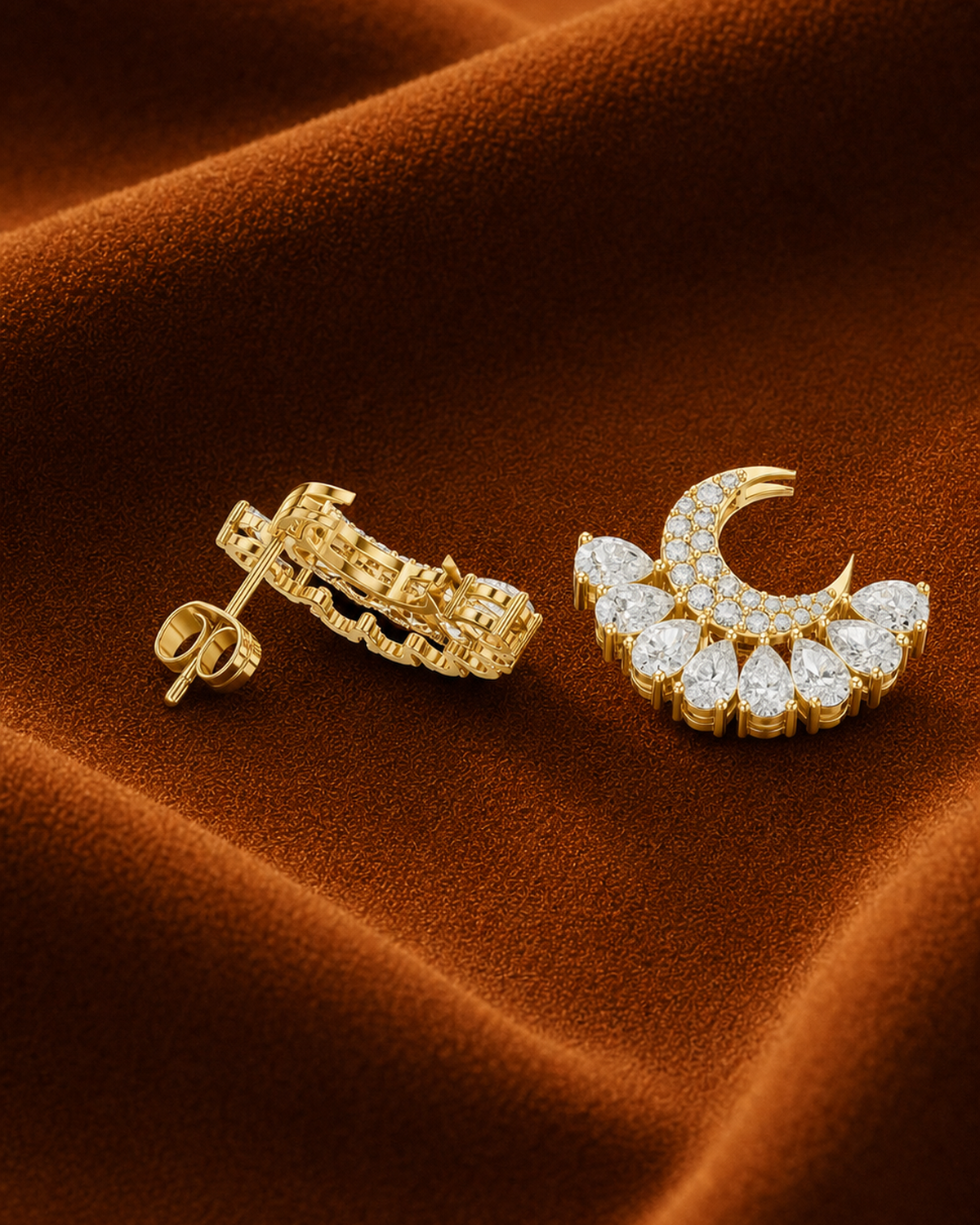 Crescent Moon Diamond Stud Earrings by MONICONIC