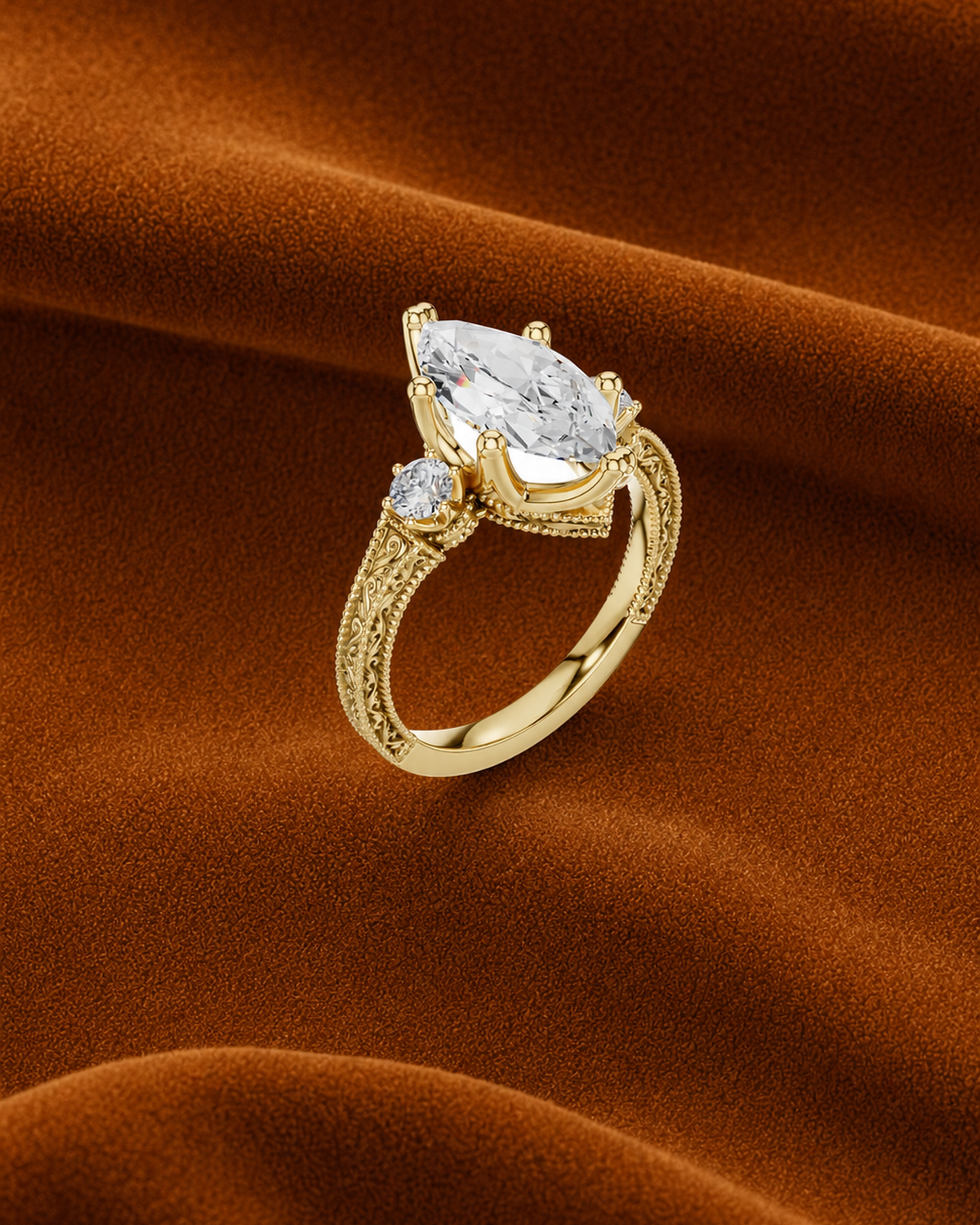 Engraved Marquise Three Stone Ring by MONICONIC