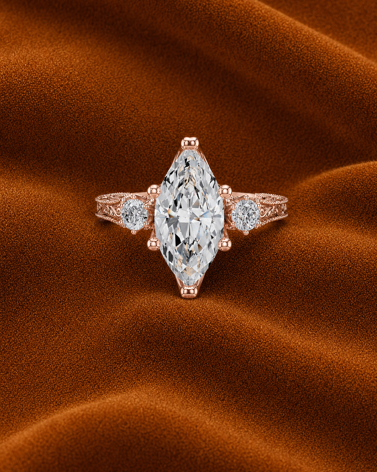 Engraved Marquise Three Stone Ring by MONICONIC