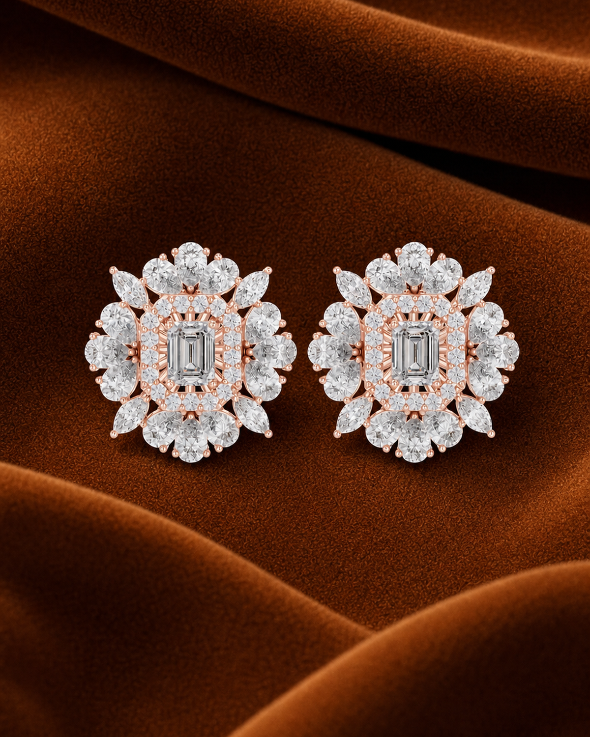 Emerald-Cut Petal Halo Stud Earrings by MONICONIC