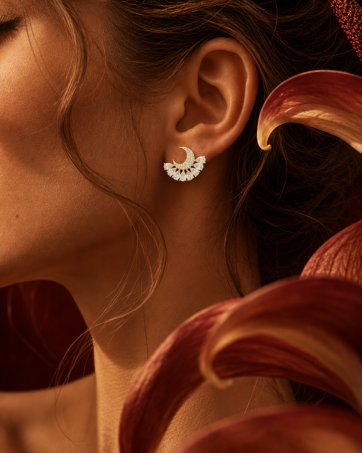 Crescent Moon Diamond Stud Earrings by MONICONIC