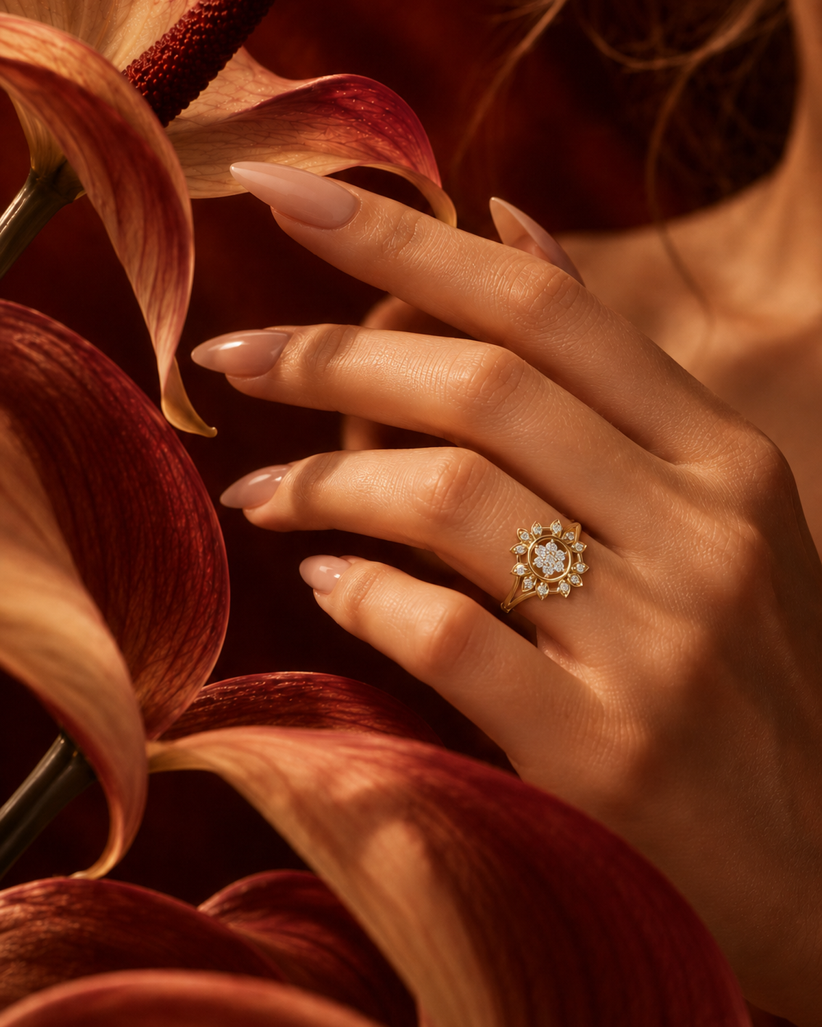 Sunburst Floral Halo Ring by MONICONIC
