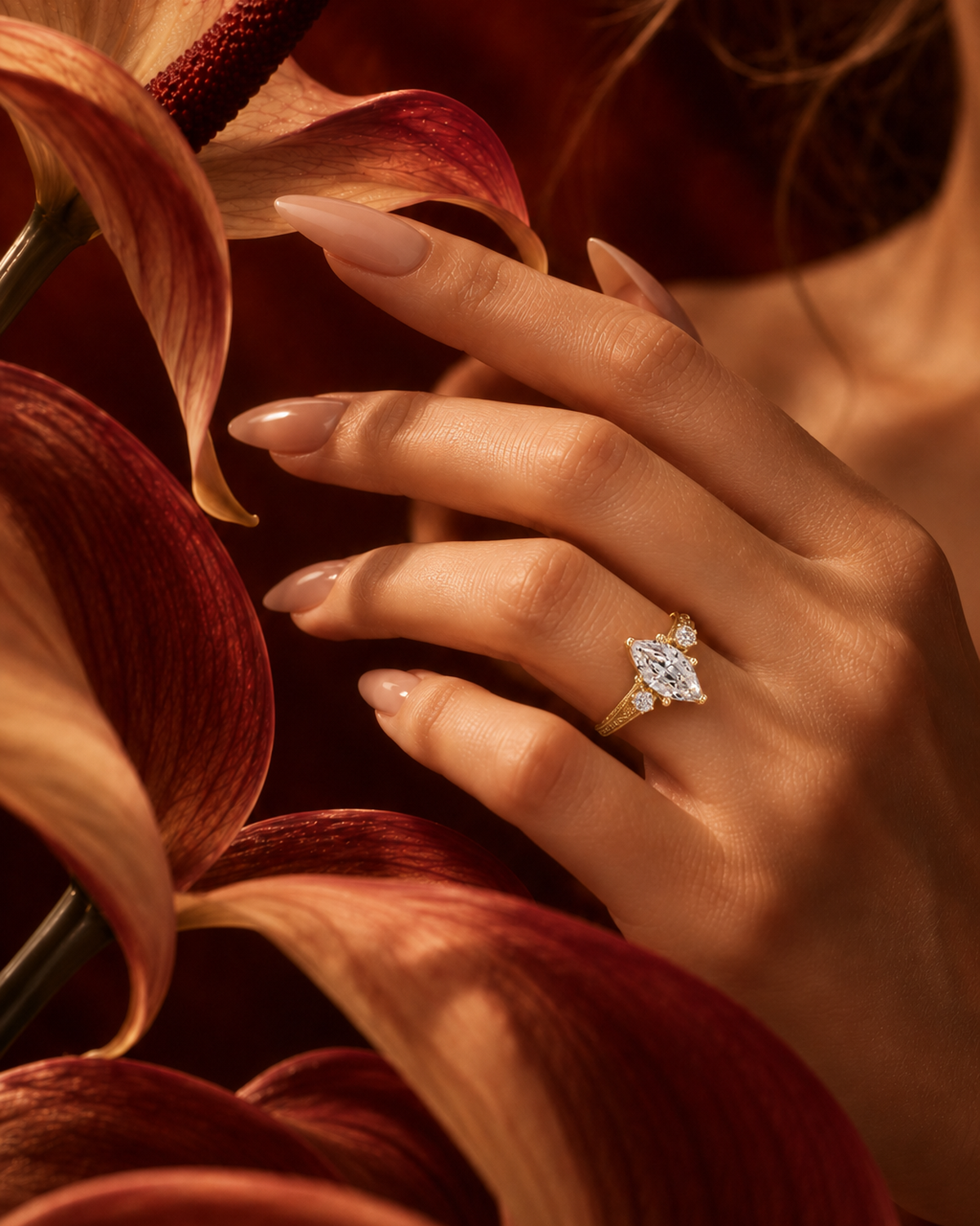 Engraved Marquise Three Stone Ring by MONICONIC