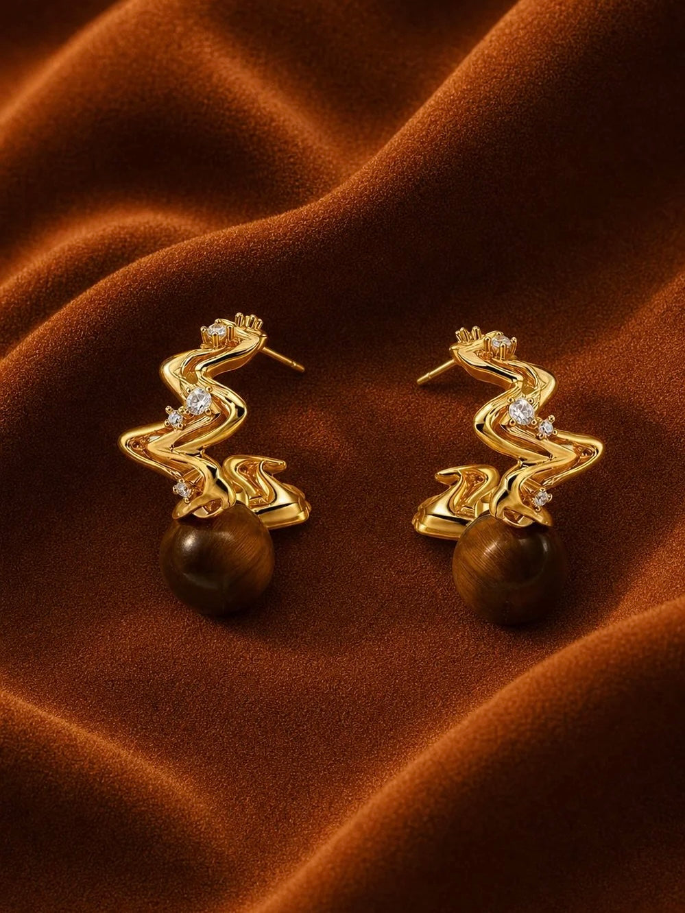 Tiger’s Eye Wave Hoop Earrings