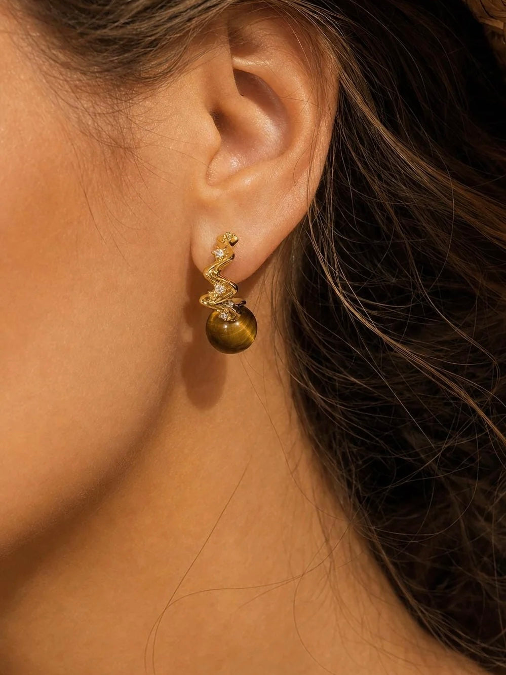 Tiger’s Eye Wave Hoop Earrings