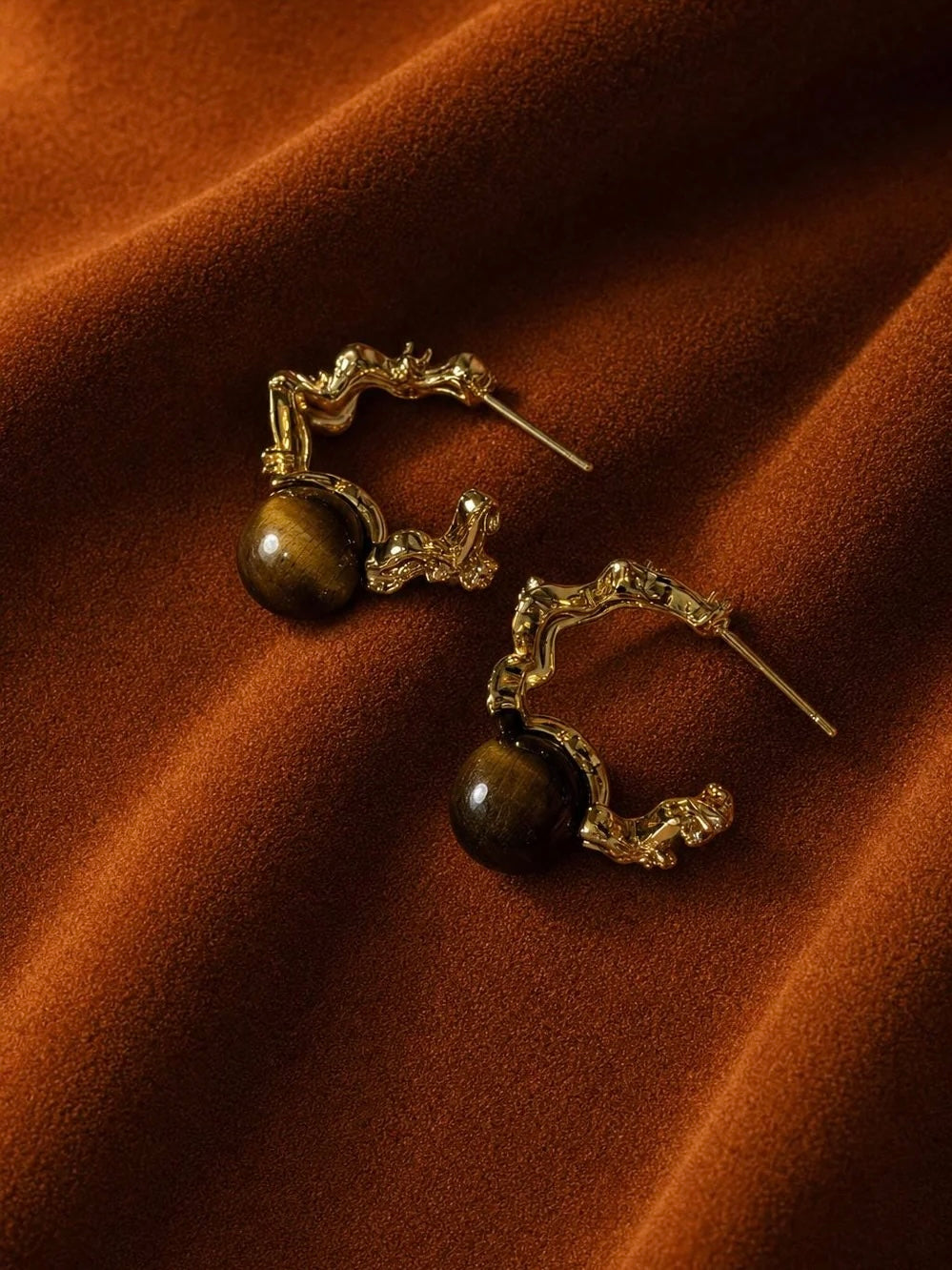 Tiger’s Eye Wave Hoop Earrings