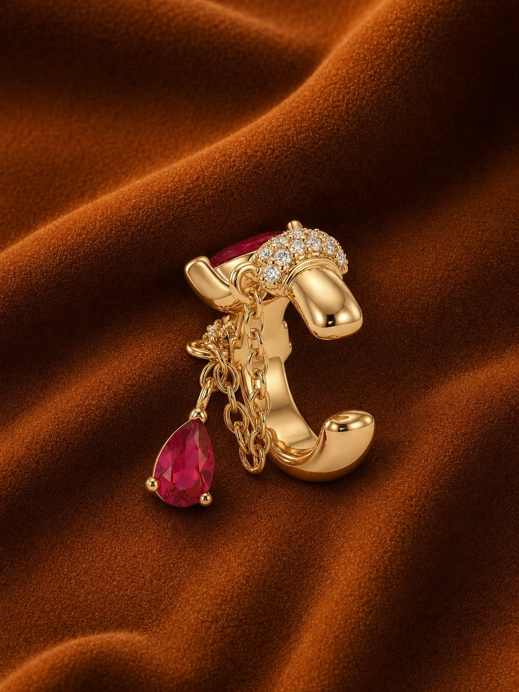 Scarlet Teardrop Chain Ear Cuff Earrings